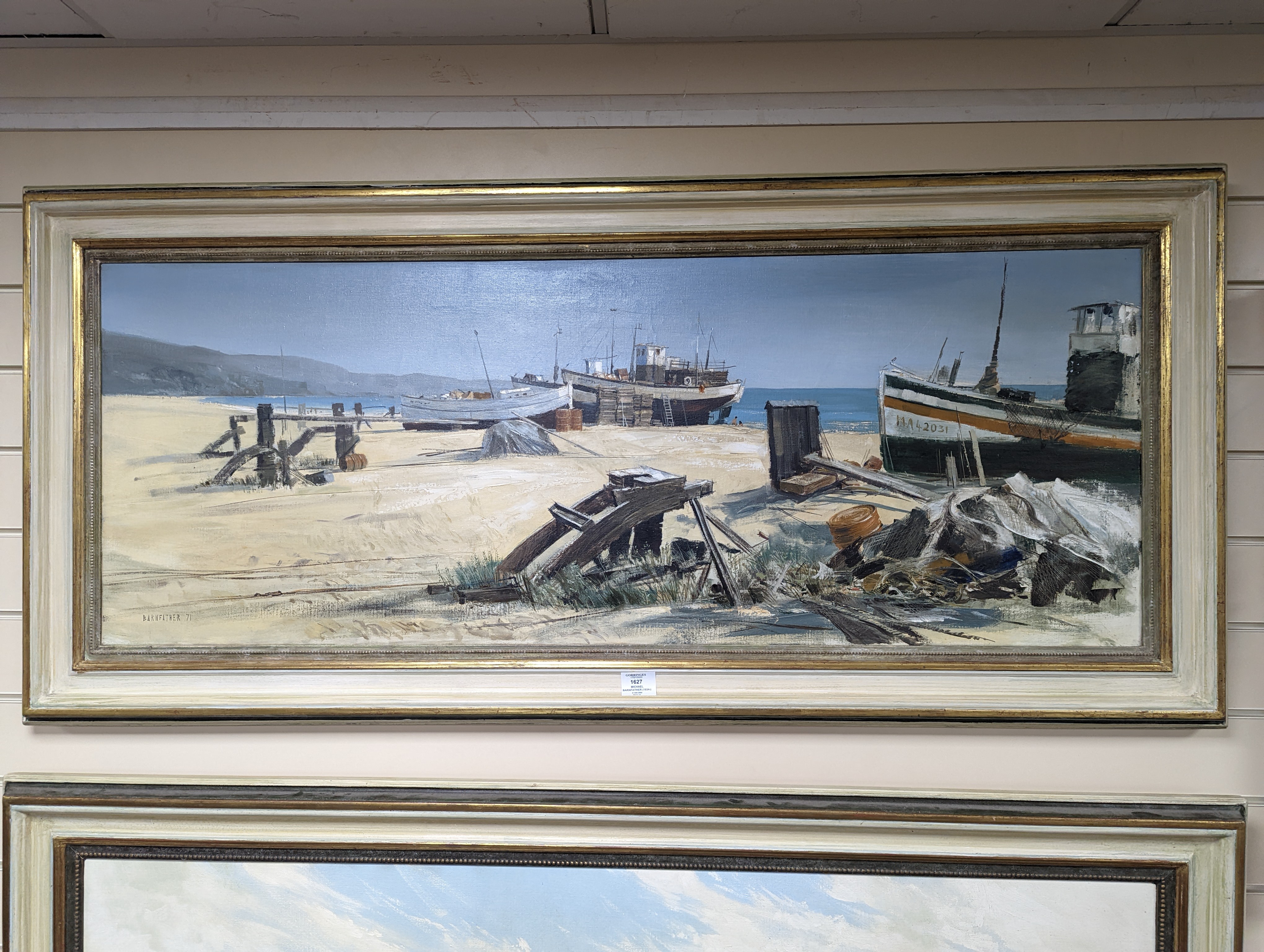 Michael Barnfather (1934-), oil on canvas, Fishing boats on the beach, signed and dated '71, 46 x 121cm